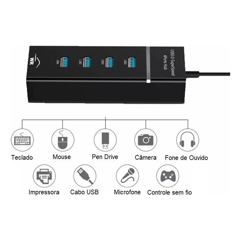 Hub Cabo USB 3.0 Adaptador 4 e 7 Portas Alta Velocidade Notebook PC Teclado 5Gbps Speed Pen Drive