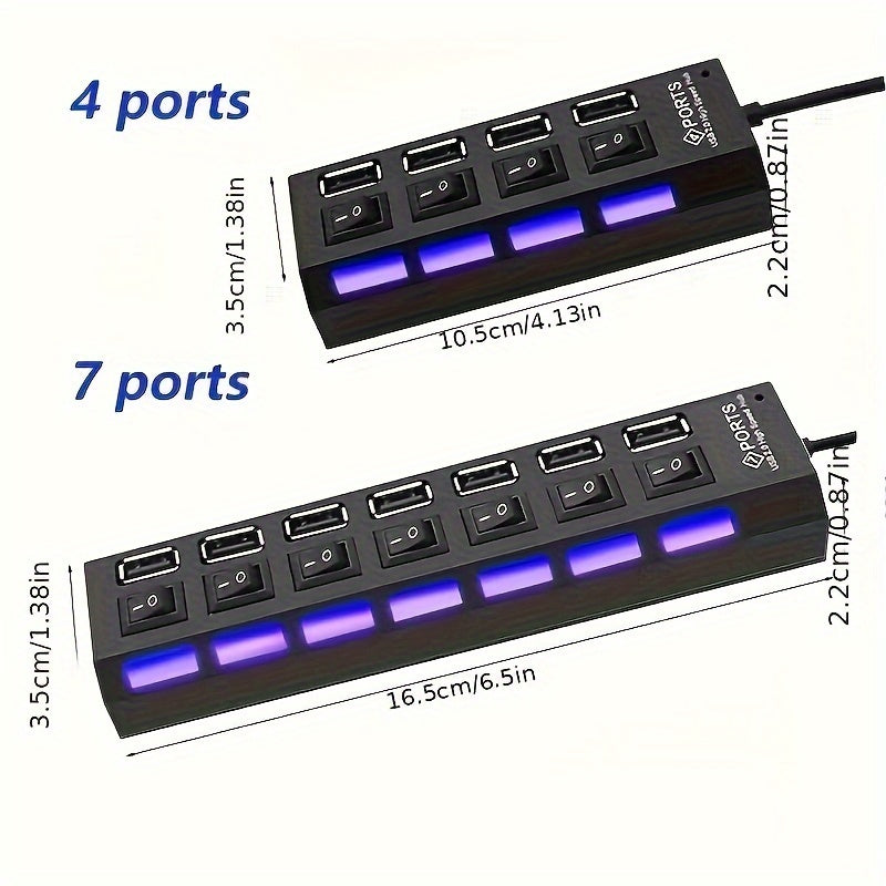 7 Portas 4 LED USB 2.0 Adaptador Hub Interruptor Liga/Desliga Para Computador Laptop PC